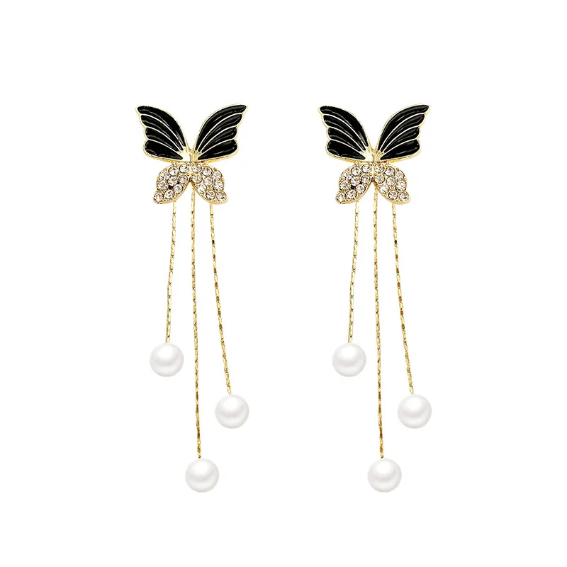 Two Ways Wearing Black Butterfly Earrings 2022 S925 Silver Needle Long Tassel Pearl Earrings for Women