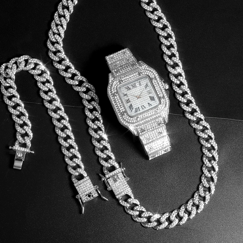 Men Hip hop Watch jewelry sets Iced Out watch for men Cuban Chain Necklace bracelet set Miami Cuban Chain Watches Christmas Gift