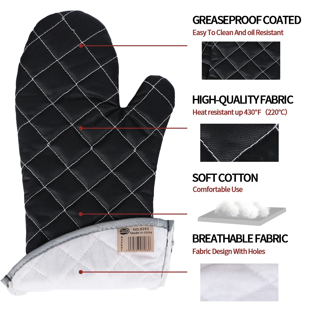 Wholesale Black Greaseproof Oven Mitts Professional Commercial Extra Long Polyester Heat Resistant Waterproof Cotton Oven Gloves