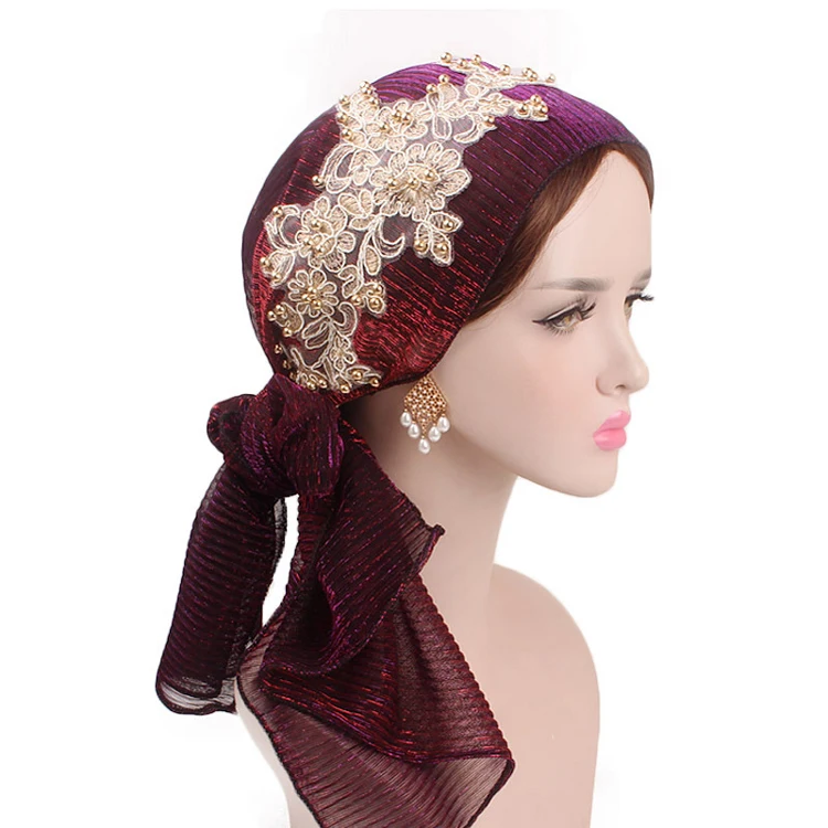 New style apparel hat elegant lace hijab hat Muslim bright silk folds turban golden starry diamond turban scarf hat for lady