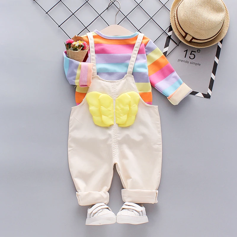 2021 wholesale Autumn stylish low price with good quality Tshirts+suspender trousers two pieces kids girls clothing suit