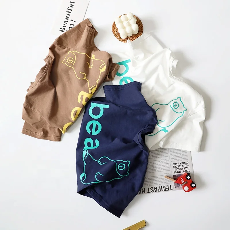 Bulk wholesale cheap kids wear bear short sleeve front and back printed baby casual shirts