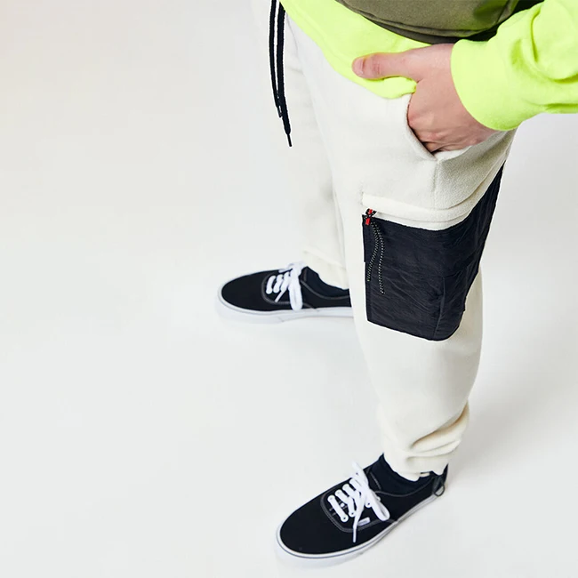 athletic white polar fleece cargo pants mens sherpa two tone skinny side pockets long trousers
