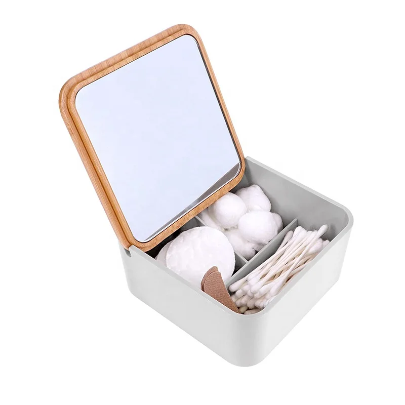 Modern luxury multi purpose pretty makeup case bamboo cosmetic box jewelry storage organizer with lid mirror for women beauty