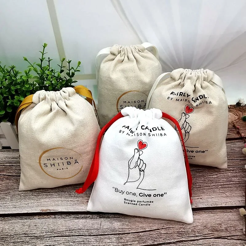 Eco promotional Ribbon customized printing  logo Calico bag organic  cotton canvas bag with drawstring for bottle