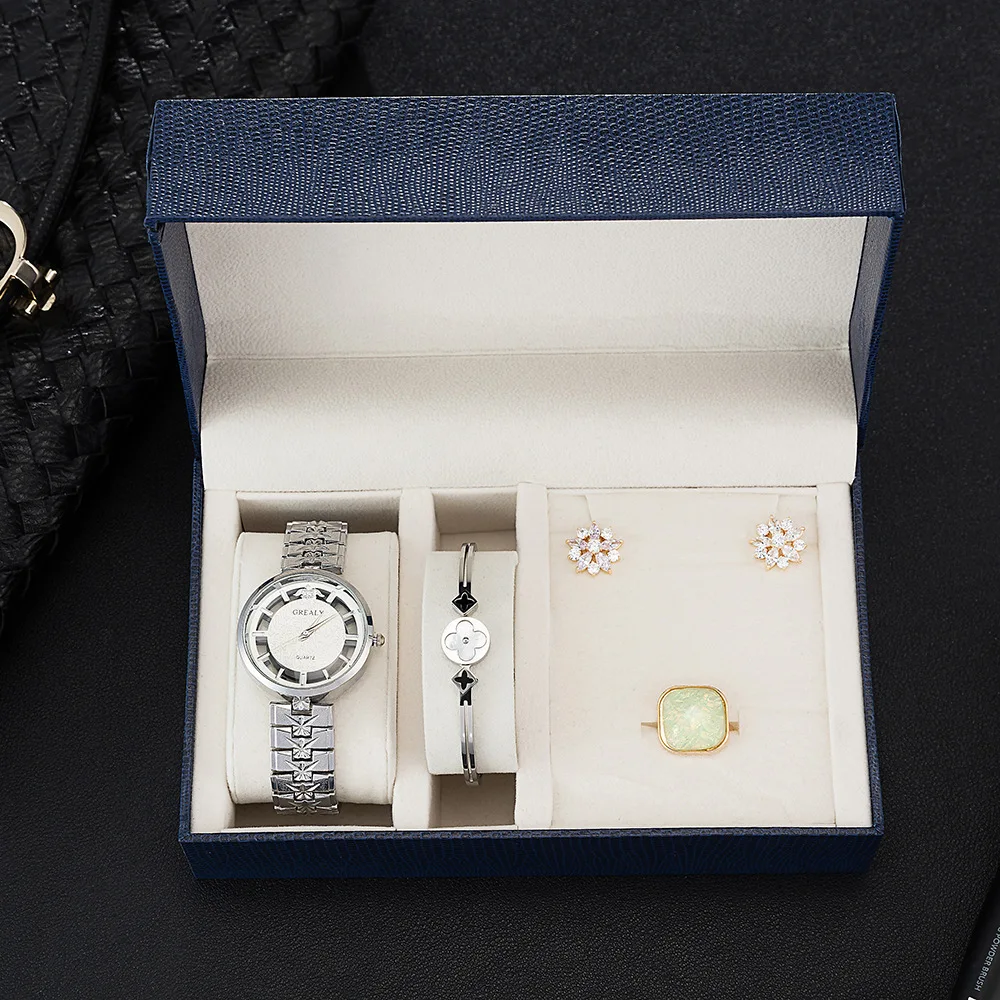 Luxury Brand Quartz Watches Ladies Women Fashion Bangle Ring earring Wristwatches Wrist Watch Set Jewelry Clock