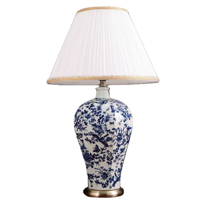 New Chinese style blue flower luxury modern antique classic ceramics table lamp for living room