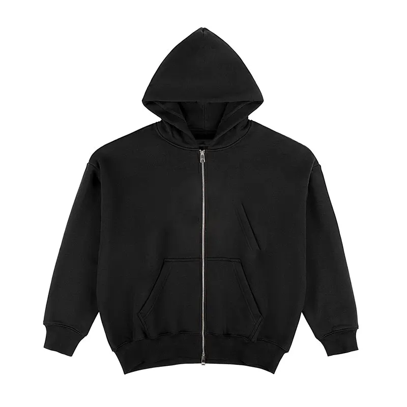 Collegiate Dropped Shoulder Zipper Jacket Oversized Fit Heavyweight Black Fleece Zip Up Men Hoodies