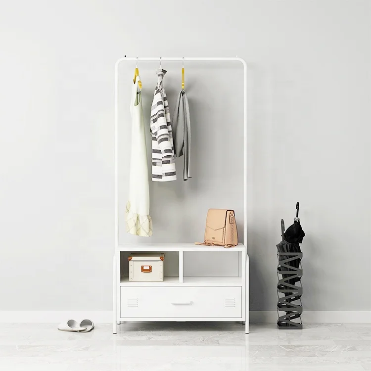 white black bedroom hall entryway free standing hanging bag hat jacket umbrella metal clothes hanger stand with drawer storage