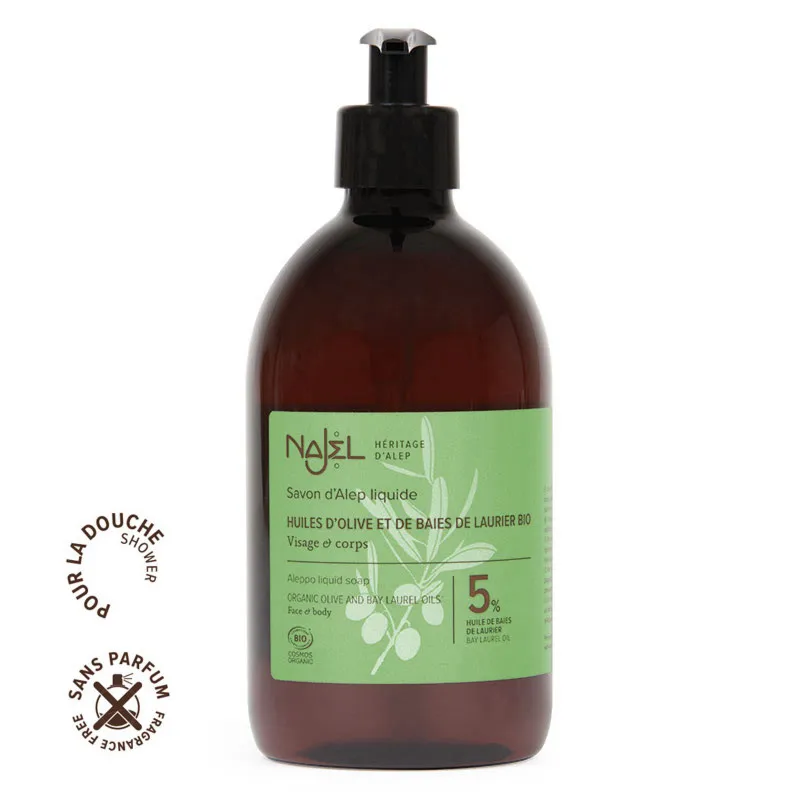 Najel Pure Natural Organic Aleppo Liquid Soap 5% BLO, Anti-acne, Moisturizing for All Ages and All Skin Types