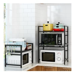 2-Tier Kitchen Bakers Rack Adjustable Utility Storage Shelf Microwave Oven Rack Kitchen Organizer with 6 Hooks storage holders