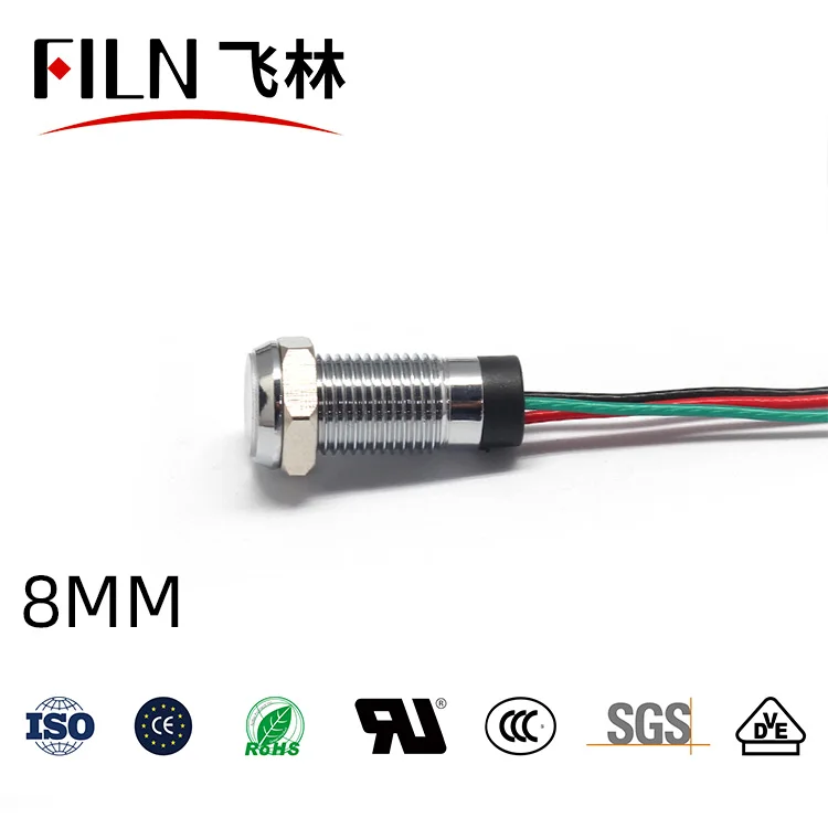 Pilot light dual color Flat head Red and green two color indicator light 8mm 20cm wires metal signal indicator lights