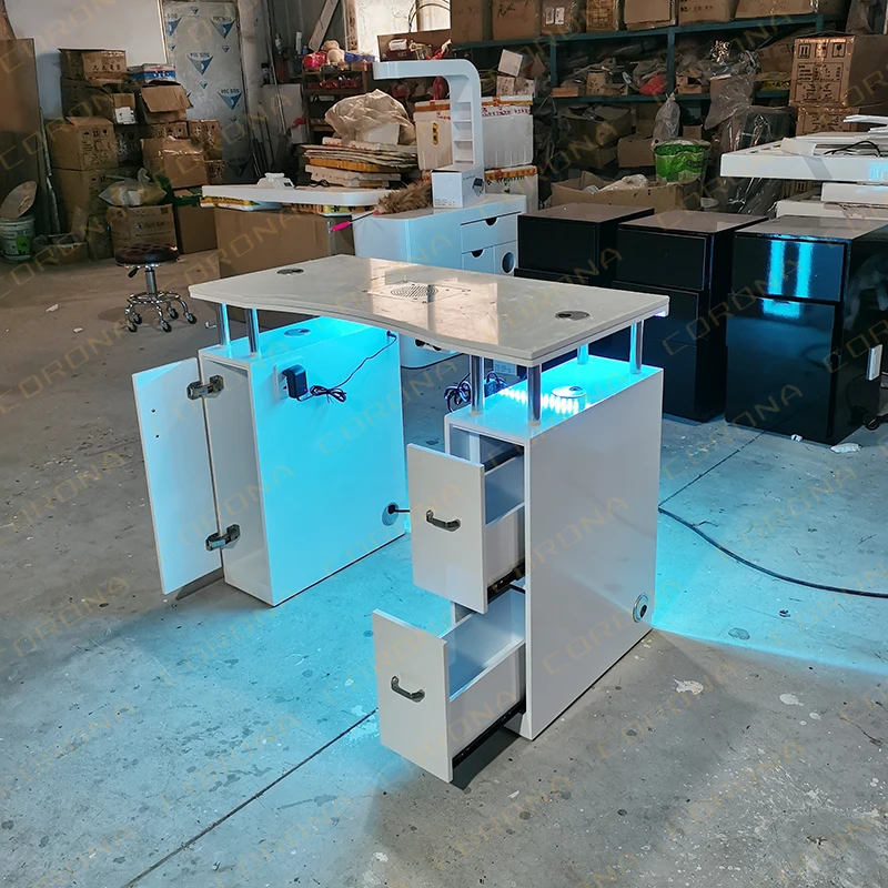 Nail Salon Furniture Modern High Gloss Marble Top Nails Bar Station Manicure Table With Fan