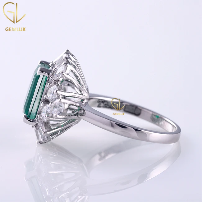 New Arrivals Attractive Collection Fine Jewelry 4 CT Green Emerald Natural Diamond 14K White Gold Cluster Halo Ring For Women