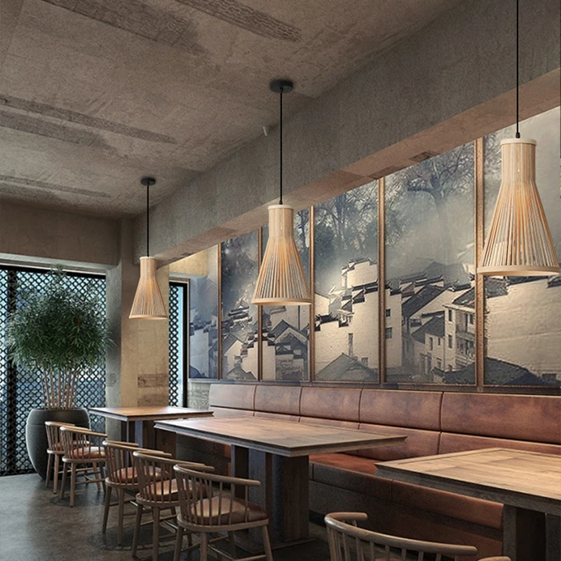 New Vintage Bamboo Wicker Rattan Wave Shade Pendant Light Hanging Ceiling Lamp Fixture Home Decor Bamboo Lampshade