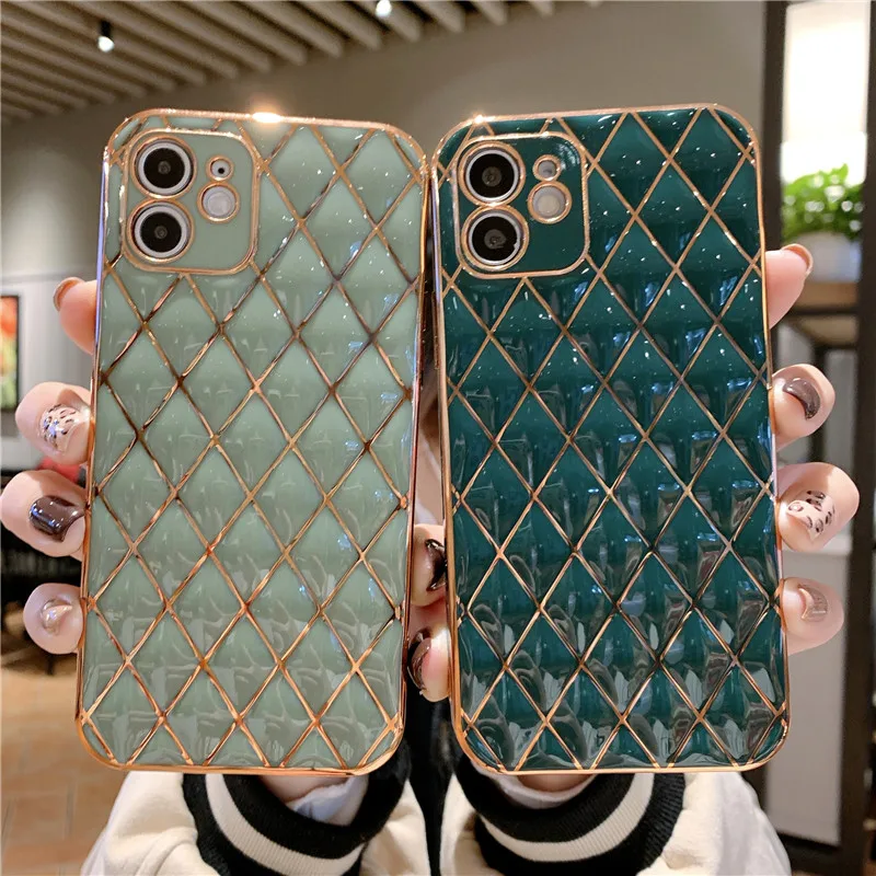 Electroplated Radium Carved 3D solid color rhombus TPU Cover Smart Phone Cases For Iphone Series