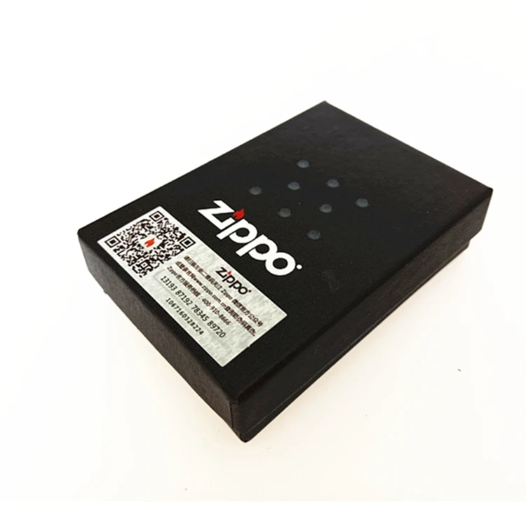 Rectangle black special paper hot stamping logo zippo paper packaging gift box with plastic velvet tray inside