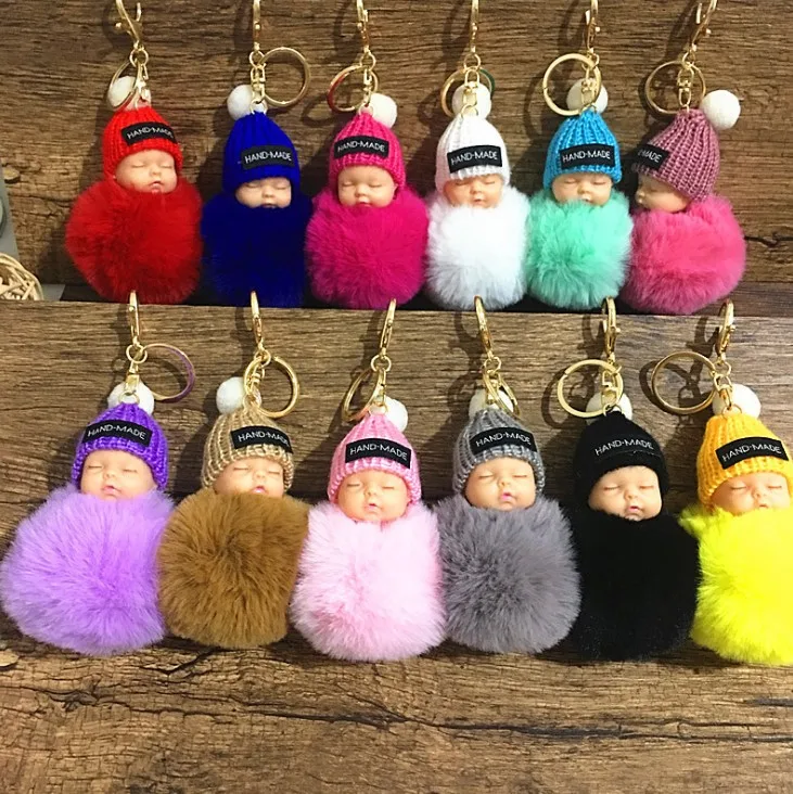 Cute Keychains Sleeping Baby Doll Plush Fur Ball Pendant Key Ring Ladies Bag Pendant Ornaments Key Chain