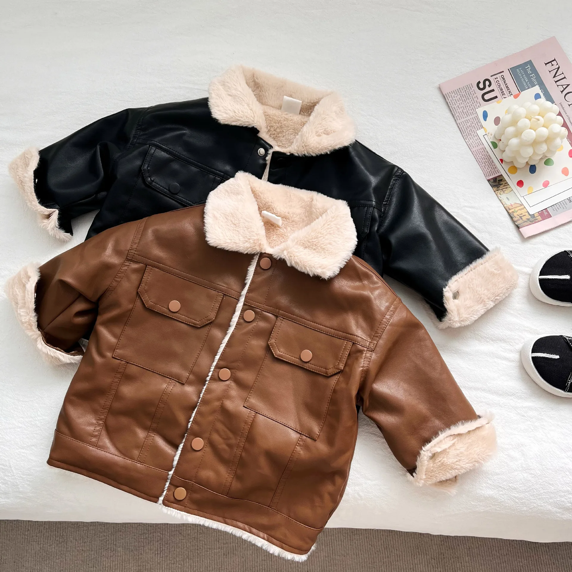 Baby Black&Brown Leather Winter Jackets Warm Faux Fur Thick 1-7 Years Boys Coats&Outwears