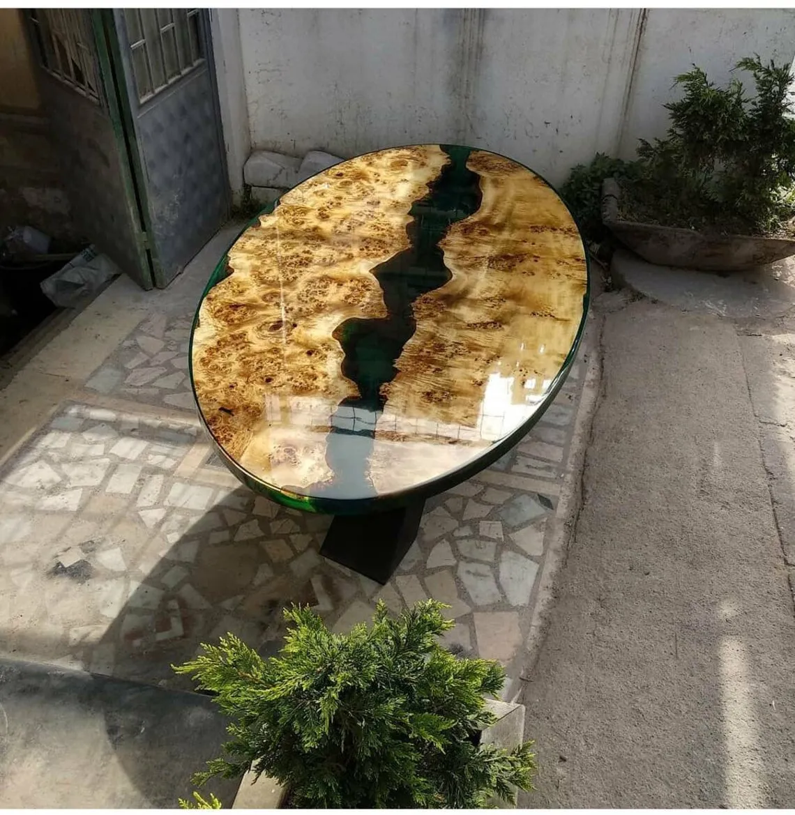 Factory Wholesale Resin Table With Poplar Burl Wood Slab For Dining Room And Kitchen Room 6 Velvet Dining Chairs