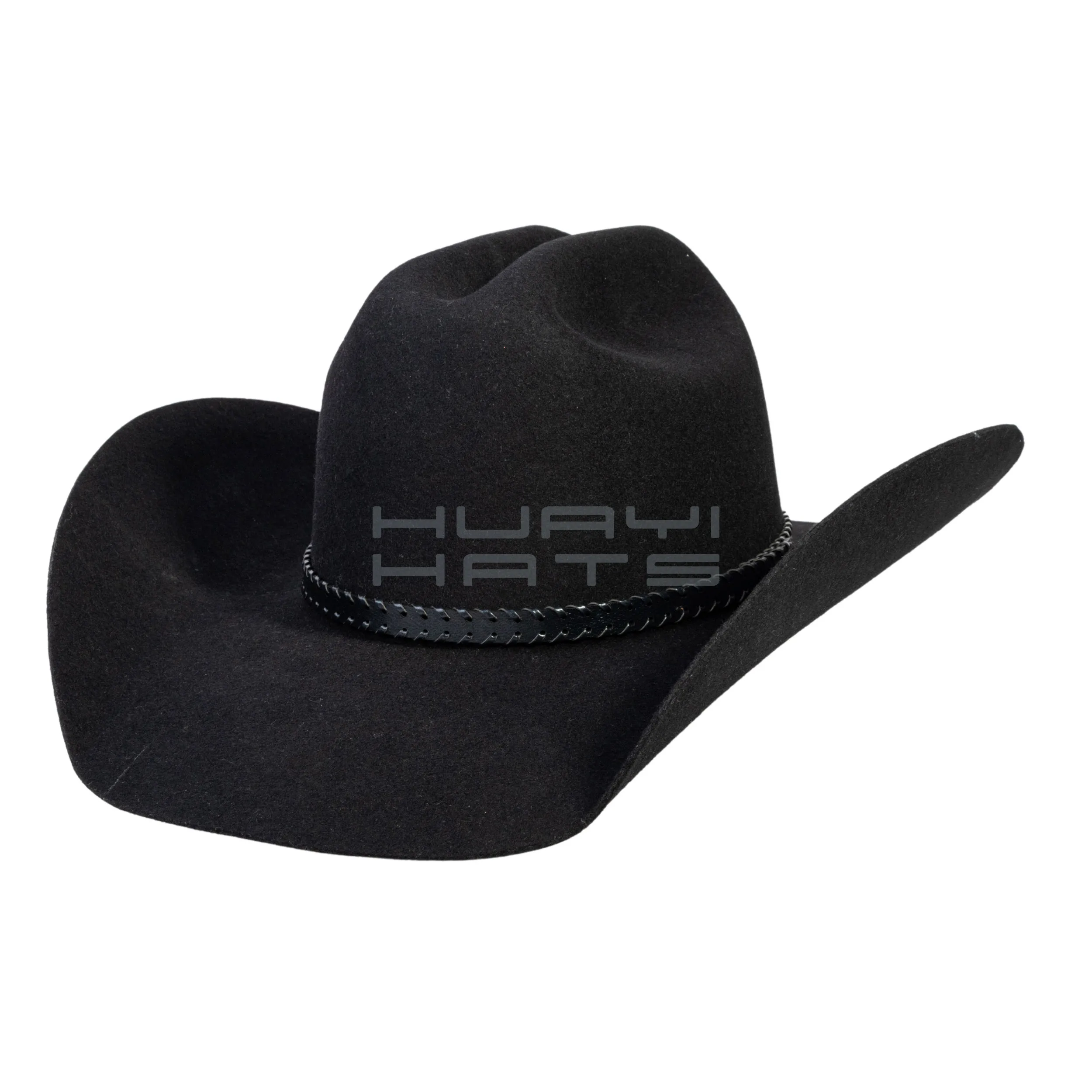 Huayihats Wholesale Custom Black Wool Felt Cowboy Hat With Leather Hatband