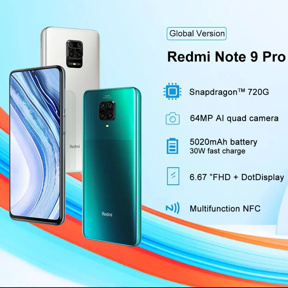 Смартфон Xiaomi Redmi Note 9 Pro глобальная версия 6 ГБ + 128 Гб NFC Snapdragon 720G восемь ядер 5020 мАч 4 камеры 64 мп