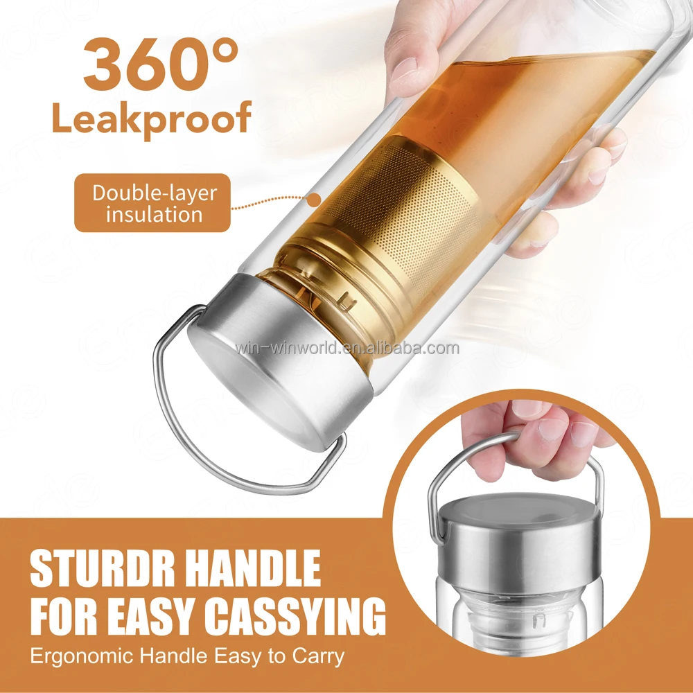 Emode Tea Tumbler with Infuser Double Wall Glass Travel Tea Mug with Stainless Steel Filter for Loose Leaf Tea and Fruit Water