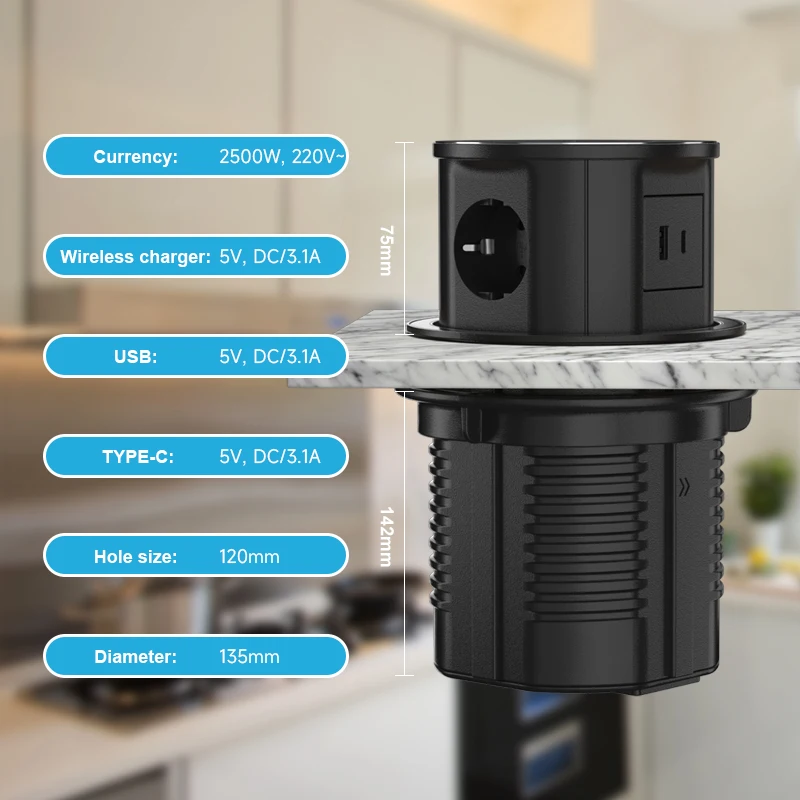 hot sale EU Standard pop up sockets 1.8m cable length black retractable sockets Office Table and Workshop power socket