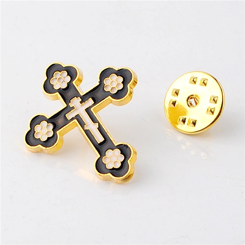 Gold Plated with Enamel Religious Mini Gifts Small Black Brooch Pins Orthodox Mini Cross Brooches
