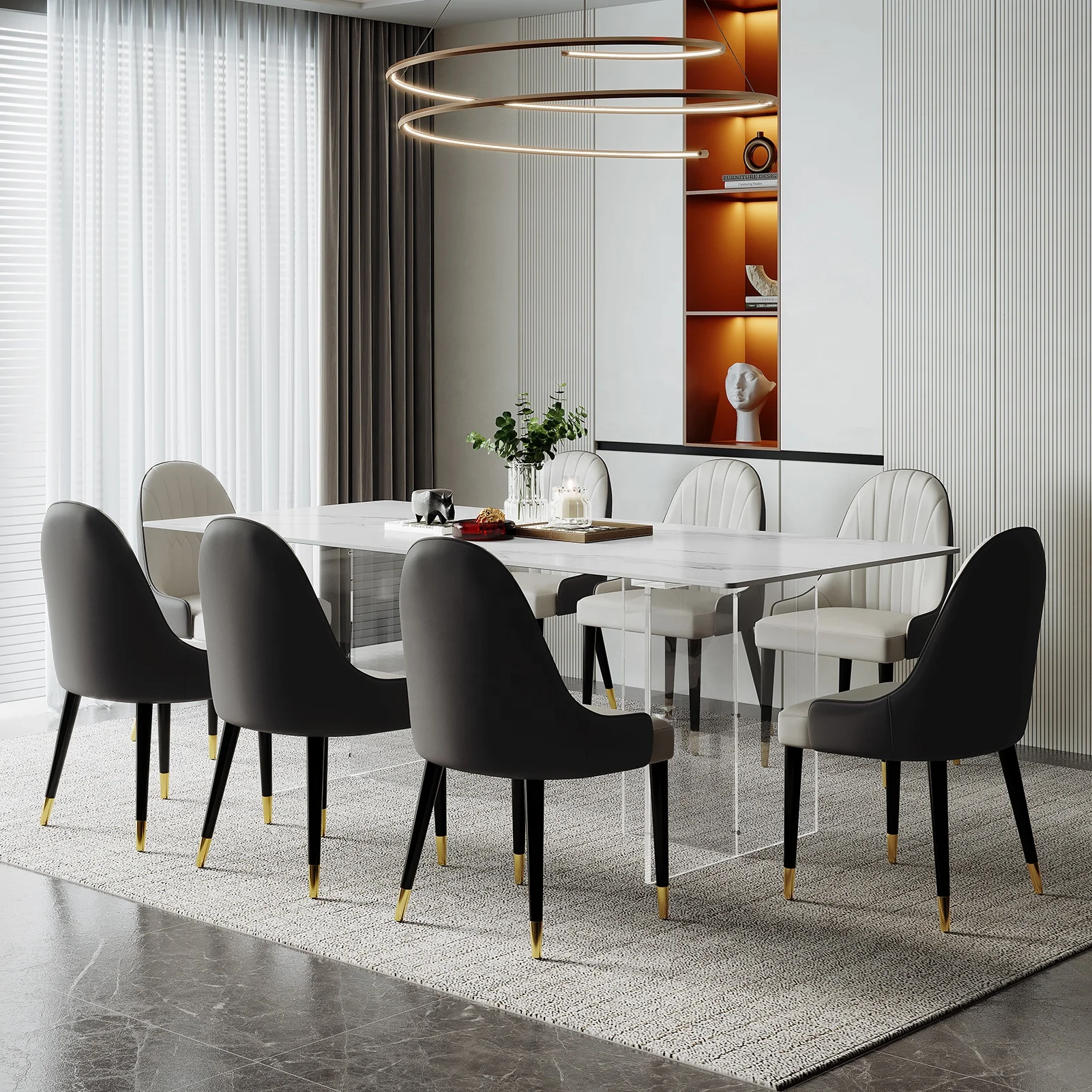 Modern simple luxury restaurant art furniture 4 or 6 people family dining table rectangular stone acrylic table
