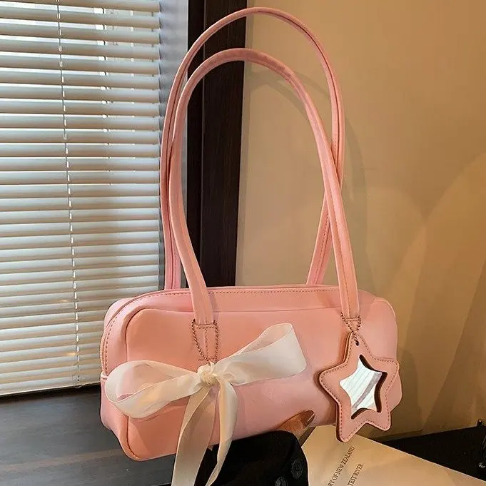 Brand Underarm Totes Texture Shoulder Bag Niche Design Pillow Bag with Bow &Star Pendant Fashion Boston Bag Women Trend Handbag