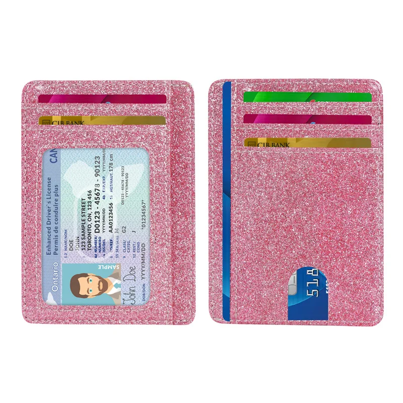 Wholesale soft bling glitter pu leather front pocket RFID blocking minimalist slim credit card holder wallet for women