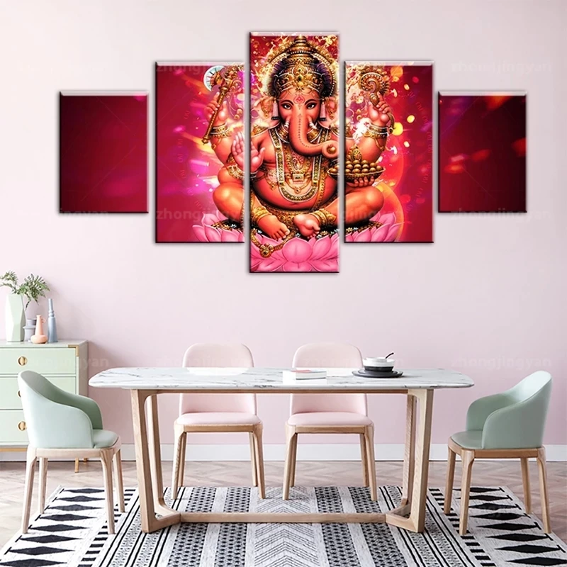 HD Modern Waterproof 5 Panel Indian Ganesha God Nose Elephant Wall art Canvas Prints Picture Painting