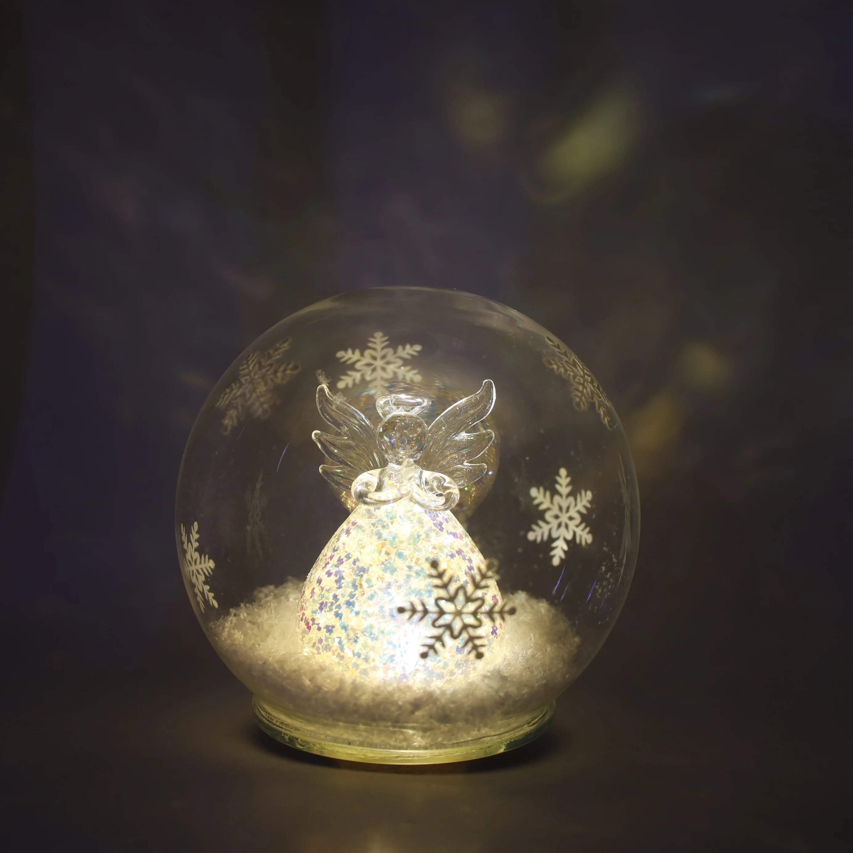 Christmas tree  glass baubles ball 12 cm LED snowflake patterned glass cover built in hand-brushed glass angel and snow powder