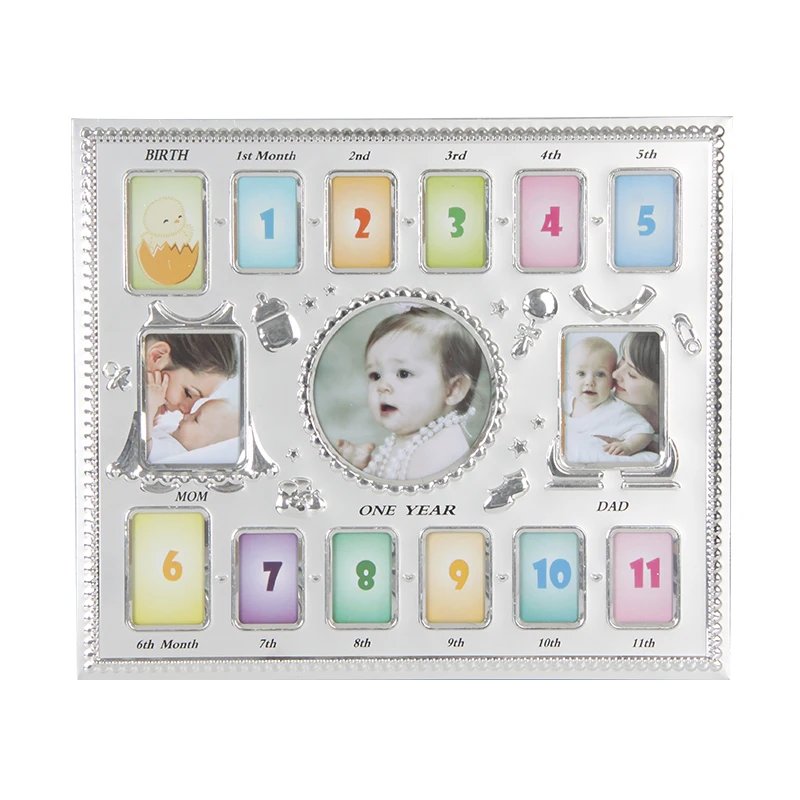 Рамка для фотографий первого года ребенка-первый год за месяц-запись новорожденного ребенка-серебристая металлическая рамка для ребенка 12 месяцев
