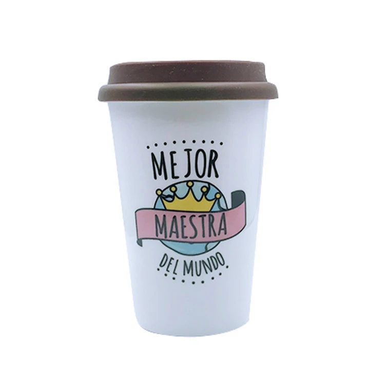 Custom Sublimation Double Wall Ceramic Coffee Mug Travel Coffee Cup With Silicone Lid
