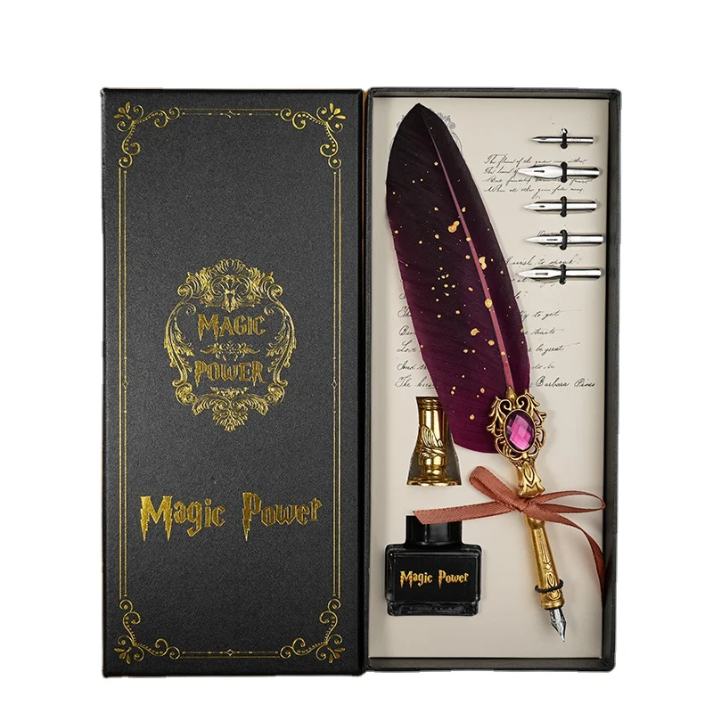 European-Style Retro Diamond Gold Sprinkling Feather Dip Pen Set Novelty Company Promotion Gifts For Men Women Souvenir Birthday