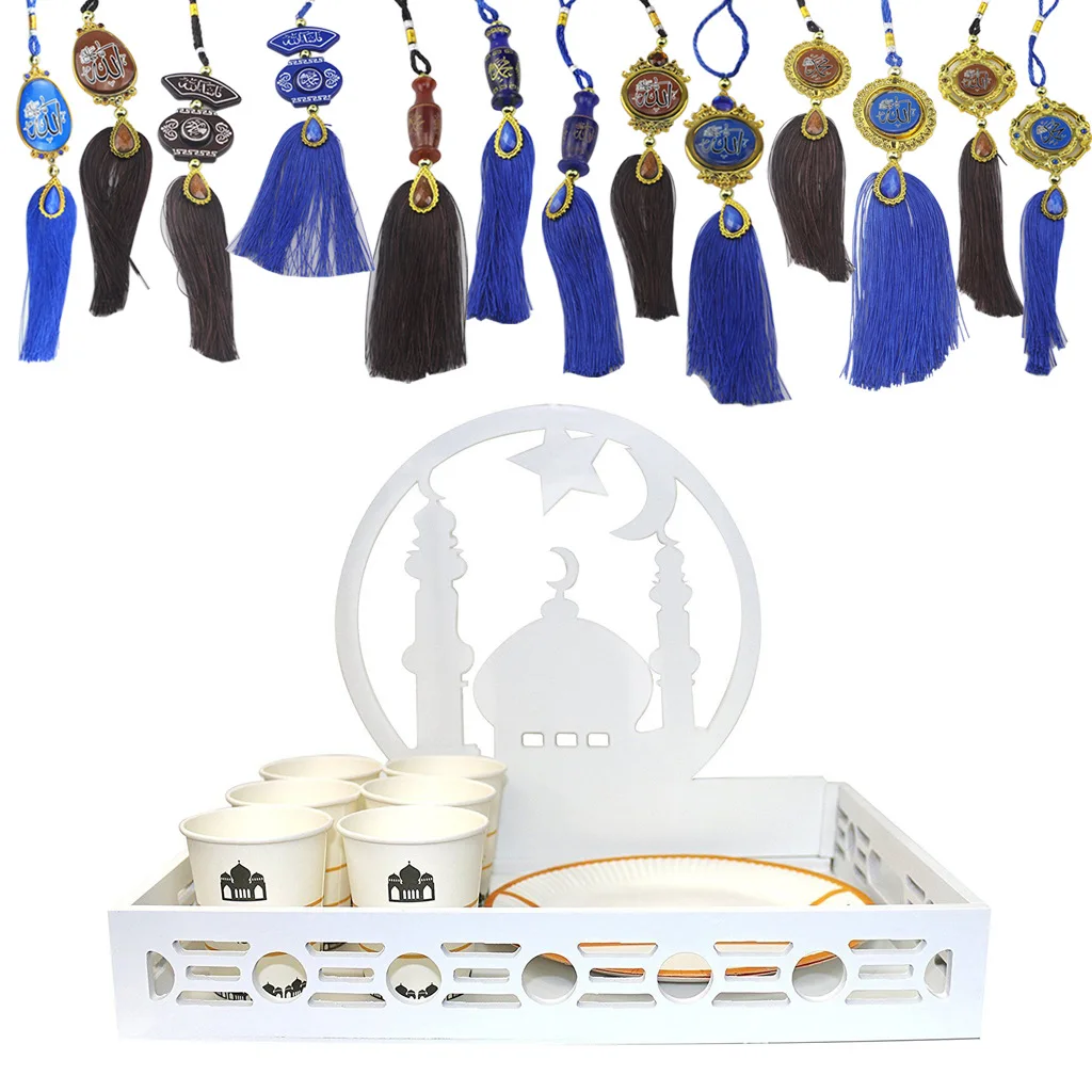 Factory Wood Resin Hanging Ornaments Plywood With Hanging Rope And Beautiful Decorate Tassel Eid Mubarak Decoration XJ0419