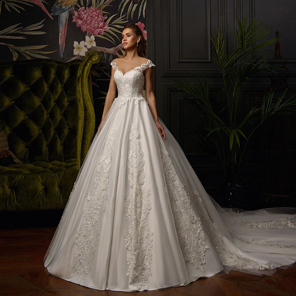 Аппликации ТРАПЕЦИЕВИДНОЕ свадебное платье Vestido Casamento кепки рукавом Кружева Принцесса Свадебные платья De