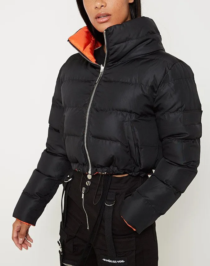 2019 Autumn Winter ORANGE BLACK REVERSIBLE CROPPED PUFFER JACKET