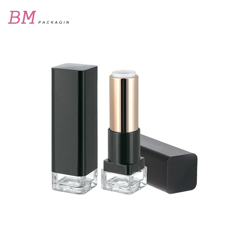 Rectangle Lipstick Case ABS+AS Plastic Lip Stick Tube Black Color Clear Bottom Empty Square Solid Lip Gloss Container