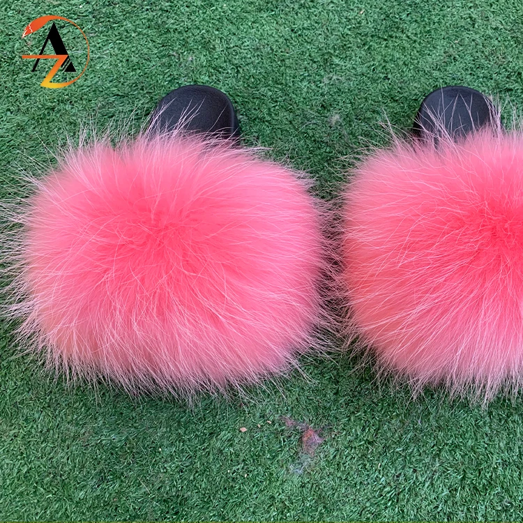
Multi color luxury yellow pink women fuzzy racoon fur slippers fluffy slides for toddler 