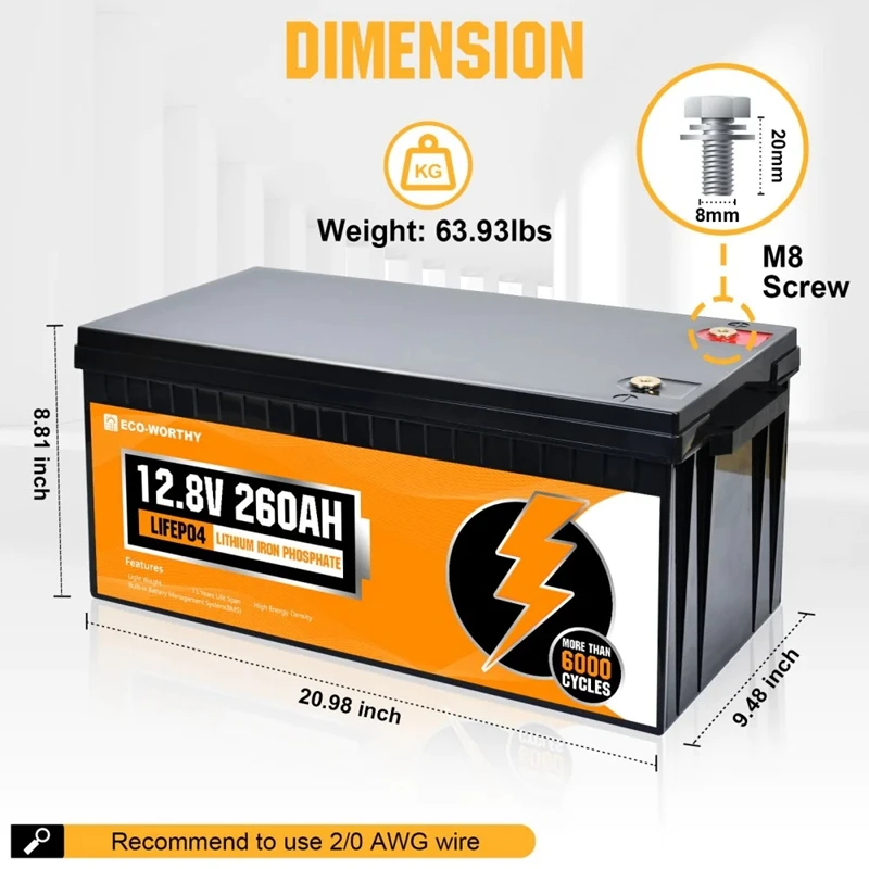 Eco-worthy Solar  Wholesale 12V 260Ah Deep Cycle Lithium Ion Battery Lifepo4 Battery for Power Off Grid System