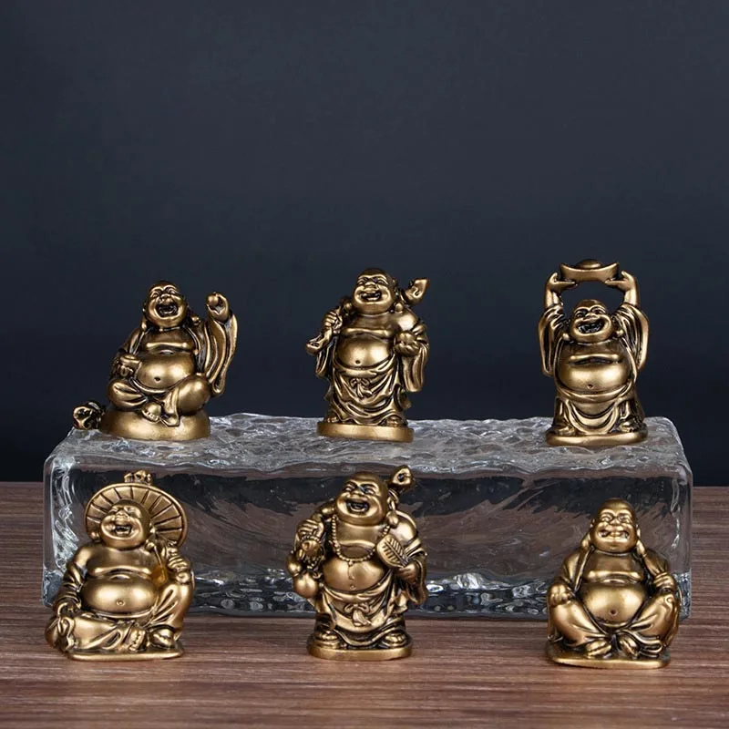 Collectible Gifts Golden Buddha Statue Feng Shui Decoration Figurines 6 Piece Set Golden Resin Laughing Buddha Statue