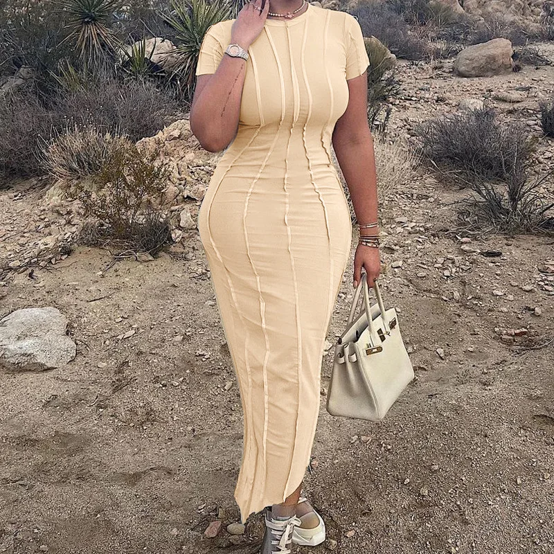 fashionable 2022 summer ladies elegant one piece dress stitching designs short sleeve midi slim apricot color women dress