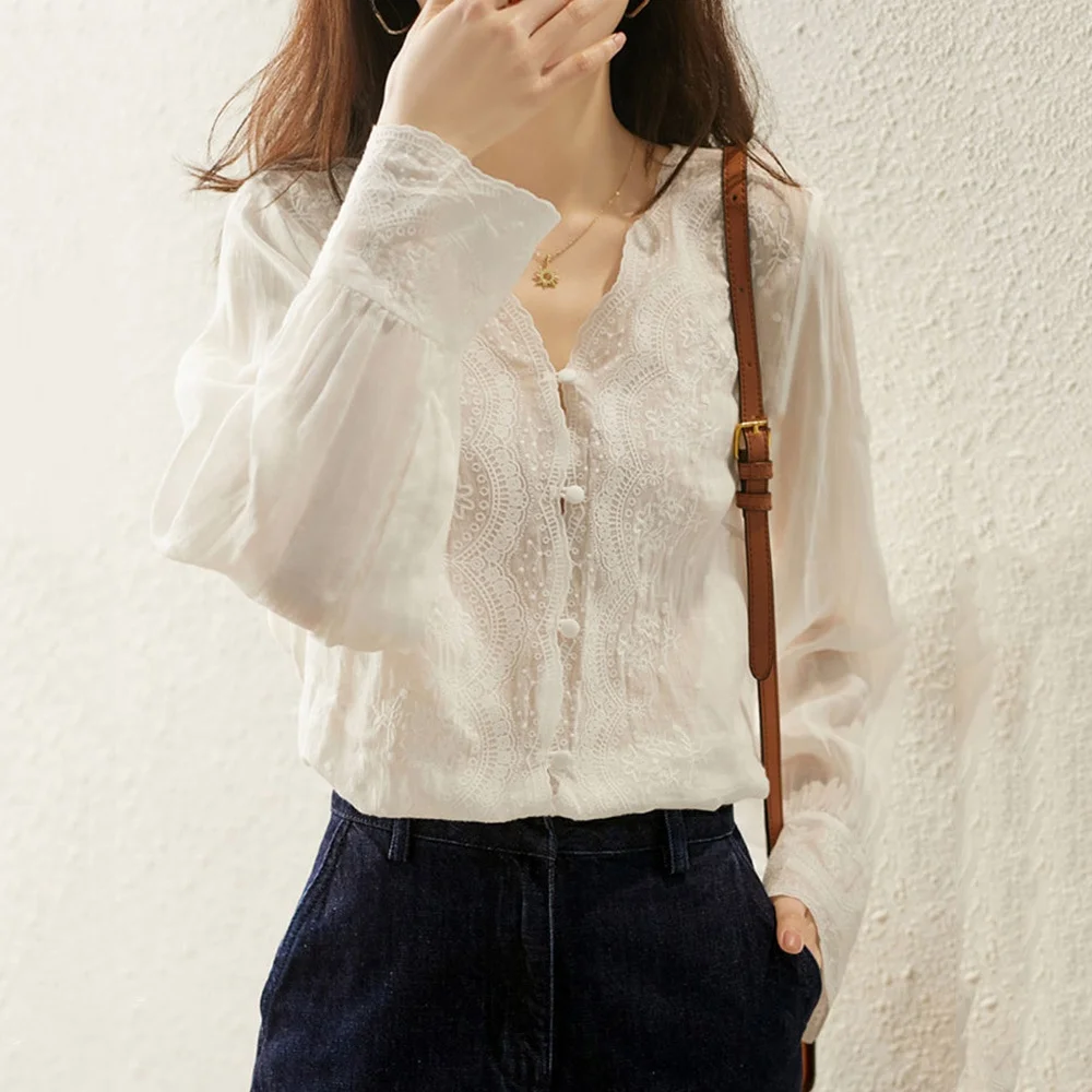 V-neck Vintage Cotton And Linen Shirt Fashion Long Sleeve Casual Blouse White Embroidered Shirts