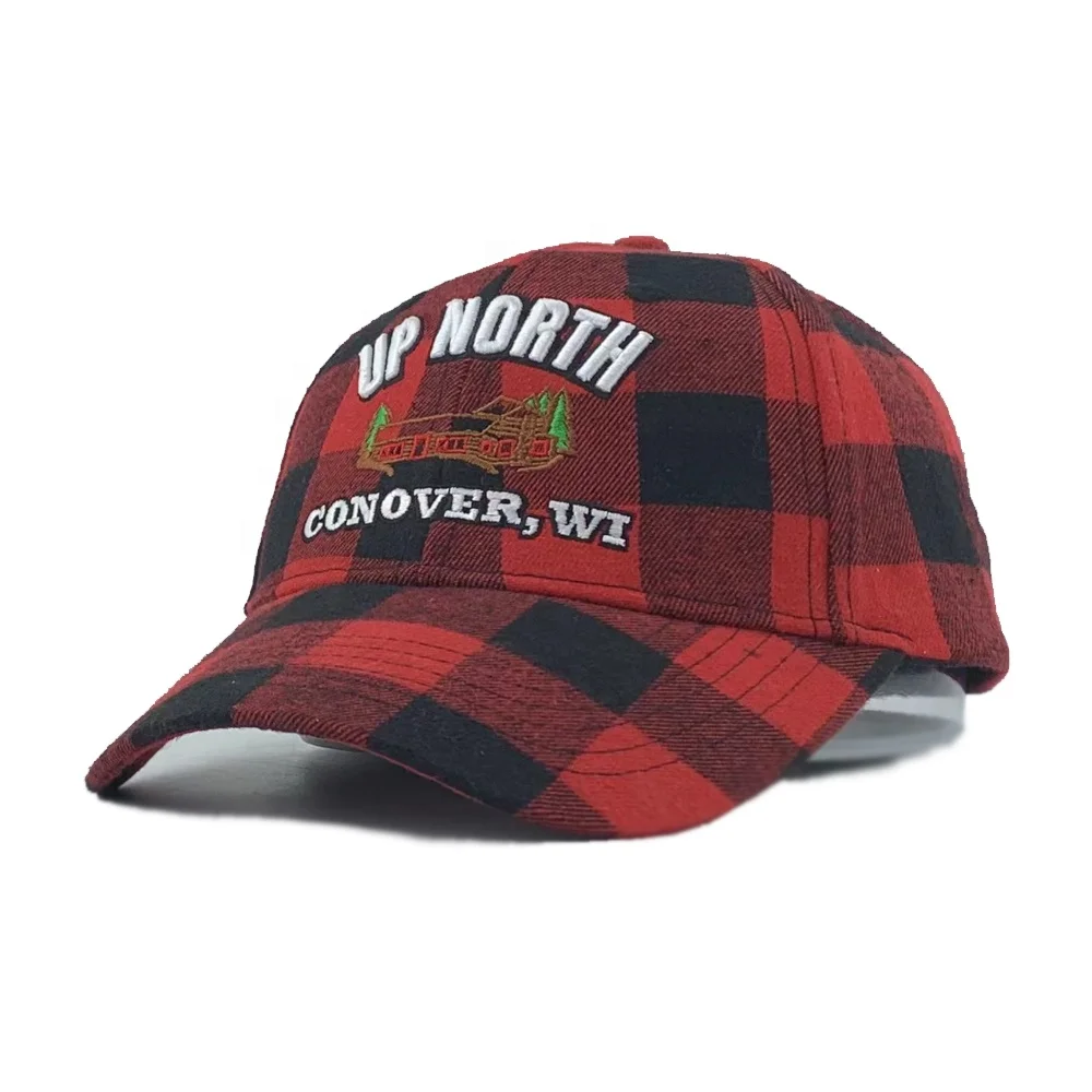 Custom Embroidered Unisex Baseball Cap Checked 6 Panel Red And Black Plaid Baseball Cap Golf Hat Custom Embroidery Logo
