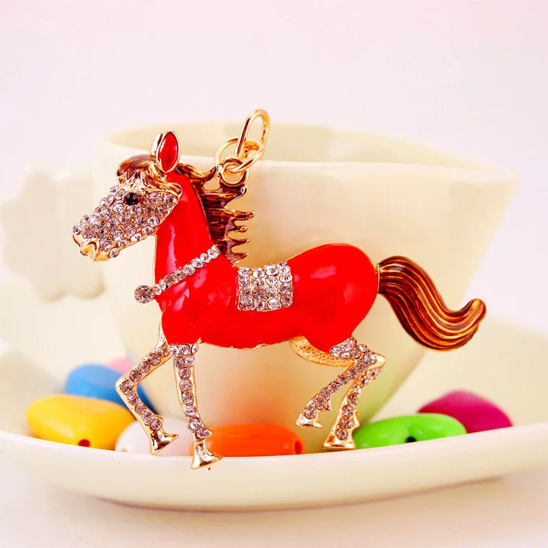 Bling zodiac horse keychain enamel red horse Metal Key chain Rhinestone keyring diamond lucky pendant crystal horseshoe keychain