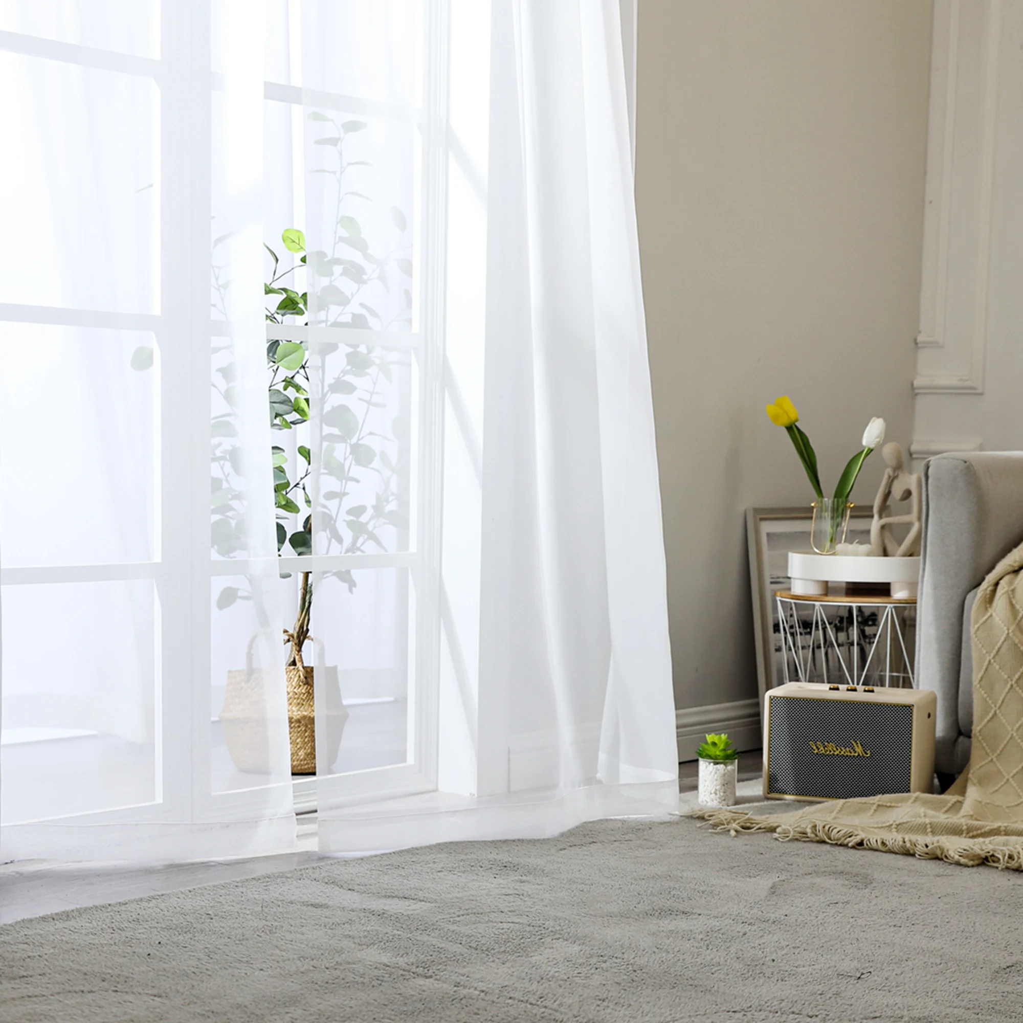 OWENIE ready made luxury short living room saba curtain wedding background voile white sheer curtain pearl