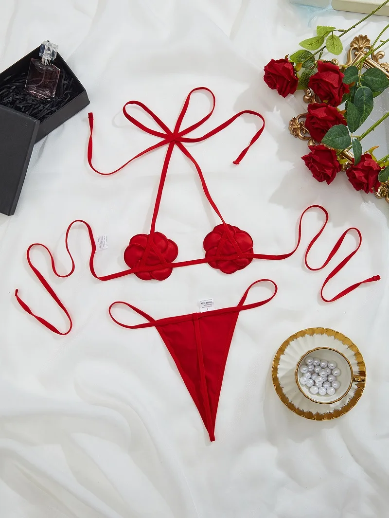 Red 2 Piece Flower Bra Briefs Sexy Underwear Set Lingerie